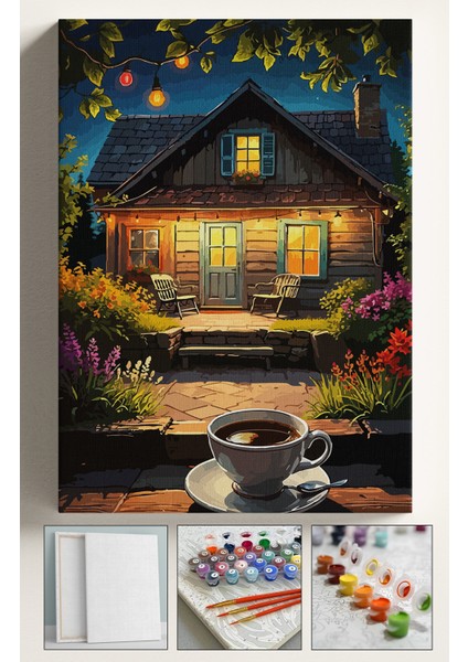 Sayılarla Boyama Çerçeveli Hobi Seti Numaralı Tuval Fırça Boya Dahil Kasnaklı 40X50 cm Kahveveev