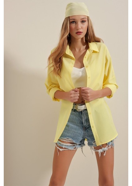3900 Oversize Uzun Basic Gömlek - Sarı modelleri