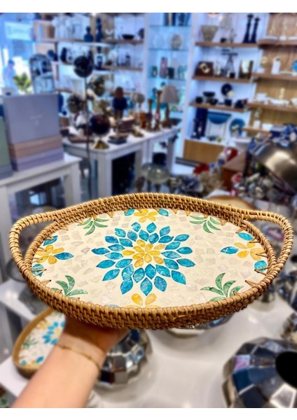 Sarı Mavi Çiçek Desen Oval Rattan Tepsi 30X20CM