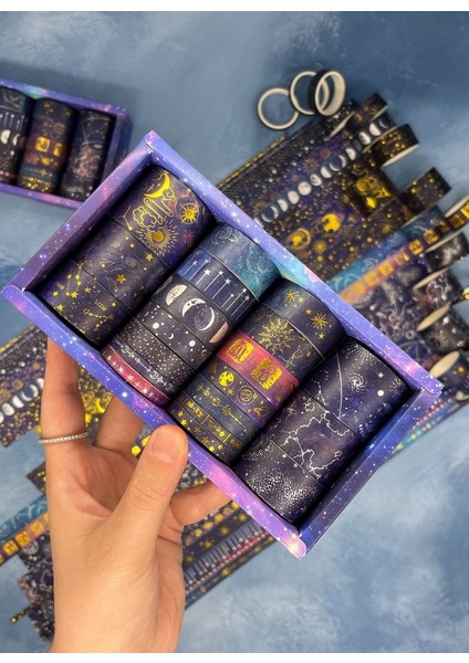 Astroloji ve Burçlar Temalı Özel Tasarım Altın ve Gümüş Yaldızlı 20’li Washi Bant Set (20X2 M) – Koyu Mavi Gökyüzü Desenleri/desenli Bant/washi Tape