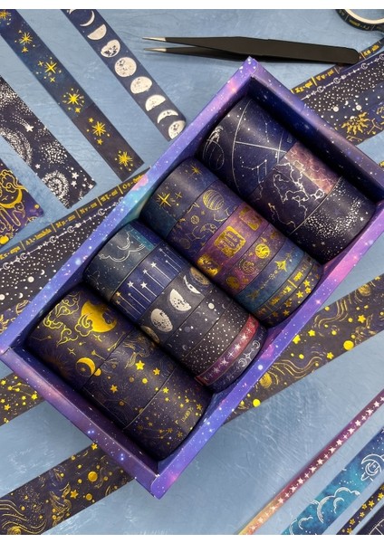 Astroloji ve Burçlar Temalı Özel Tasarım Altın ve Gümüş Yaldızlı 20’li Washi Bant Set (20X2 M) – Koyu Mavi Gökyüzü Desenleri/desenli Bant/washi Tape fiyatları