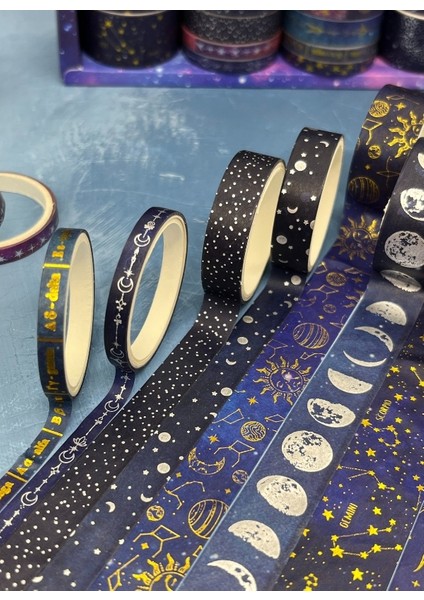 Astroloji ve Burçlar Temalı Özel Tasarım Altın ve Gümüş Yaldızlı 20’li Washi Bant Set (20X2 M) – Koyu Mavi Gökyüzü Desenleri/desenli Bant/washi Tape modelleri