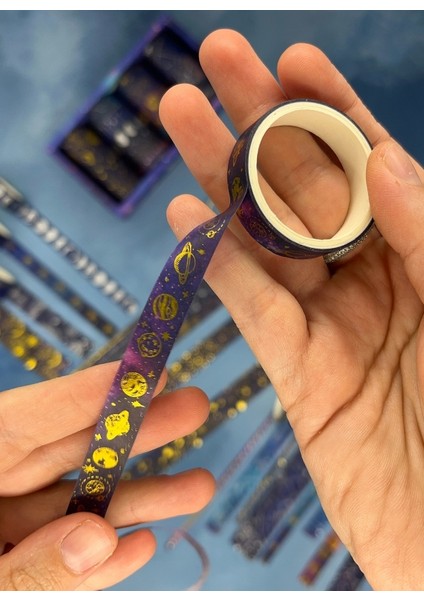 Astroloji ve Burçlar Temalı Özel Tasarım Altın ve Gümüş Yaldızlı 20’li Washi Bant Set (20X2 M) – Koyu Mavi Gökyüzü Desenleri/desenli Bant/washi Tape fırsatları