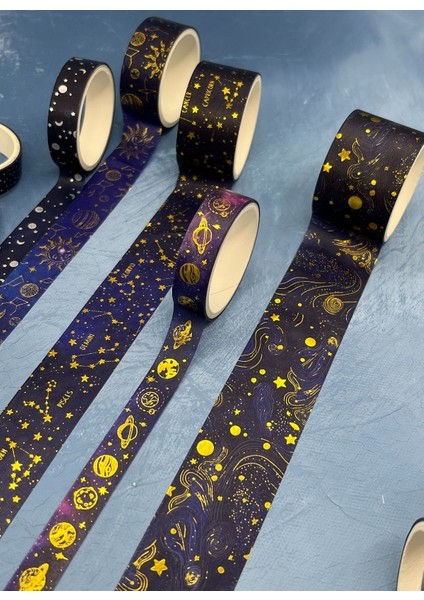 Astroloji ve Burçlar Temalı Özel Tasarım Altın ve Gümüş Yaldızlı 20’li Washi Bant Set (20X2 M) – Koyu Mavi Gökyüzü Desenleri/desenli Bant/washi Tape indirimleri