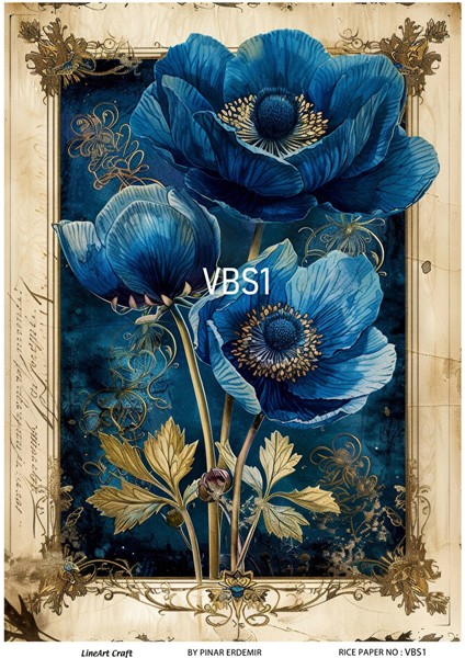 Lacivert Serisi Vbs1 Mavi, Çiçek Desenli 30*42 cm Pirinç Dekopaj