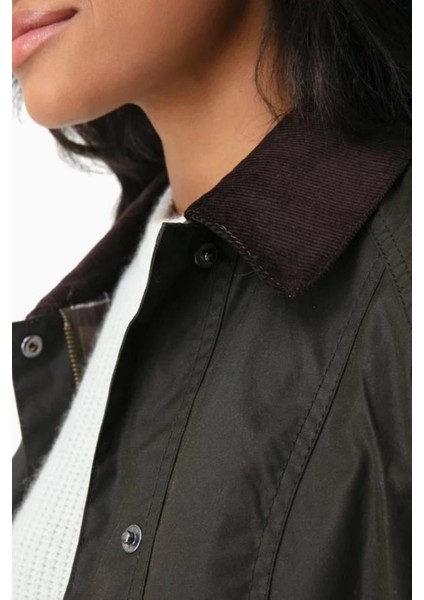 Kadın Olive Classic Beadnell Sylkoil Yağlı Pamuk Ceket – Günlük ve Dış Mekan Kullanıma Uygun, Düz Desen