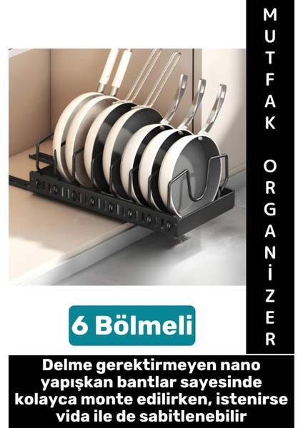 Mutfak Dolap Içi Tezgah Dağınıklık Önleyen Montajsız Teleskopik Raylı Tava Tencere Organizeri
