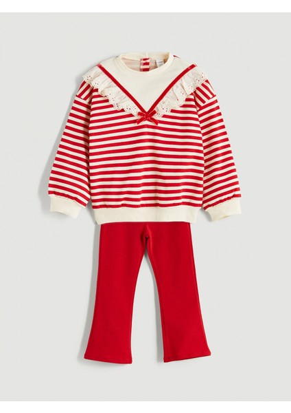 Lcw Kids Kirmizi Bisiklet Yaka Çizgili Kız Çocuk Sweatshirt ve Tayt 2'li Takım