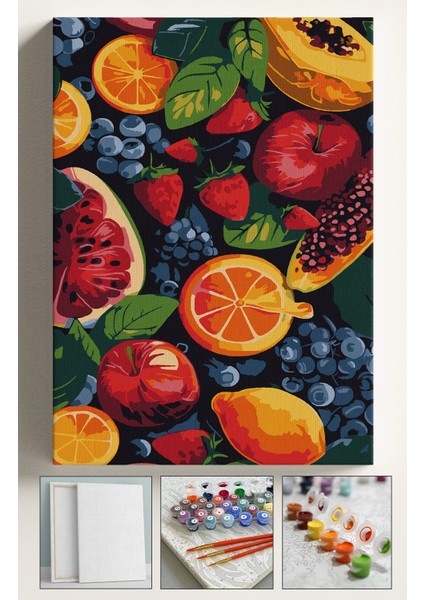 Sayılarla Boyama Çerçeveli Hobi Seti Numaralı Tuval Fırça Boya Dahil Kasnaklı 40X50 cm Meyveler