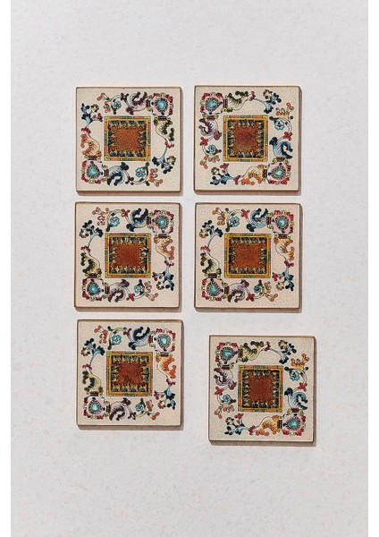 Çiçek Kare Bardak Altlığı 6'lı Set Gold