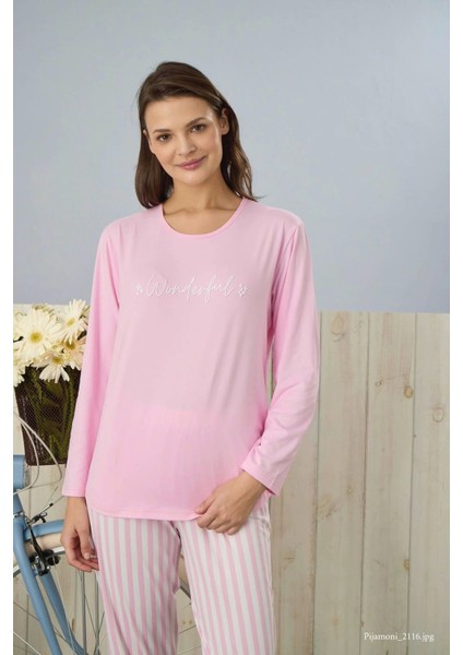 Kadın Milan Kumaş Bisiklet Yaka Pembe Pijama Takımı - 7600 modelleri