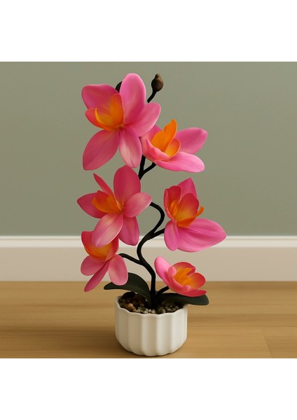 Pembe Yapay Orkide Çiçek – Plastik Saksıda Dekoratif Aranjman (15×15×35 Cm)