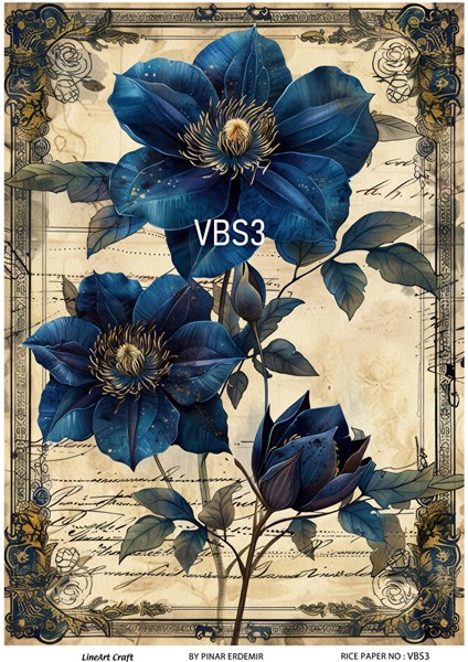 Lacivert Serisi Vbs3 Mavi, Çiçek Desenli 30*42 cm Pirinç Dekopaj