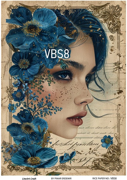 Lacivert Serisi Vbs8 Mavi, Çiçek, Portre Desenli 30*42 cm Pirinç Dekopaj