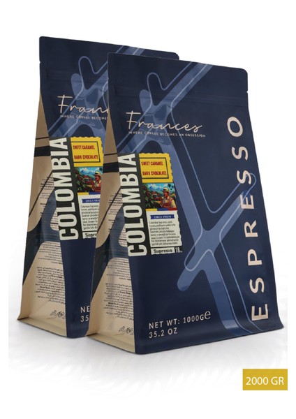 %100 Colombia Espresso |Orta- Koyu Kavrum |Çekirdek Kahve | 2*1000 Gr |Dengeli Gövde, Düşük Asidite