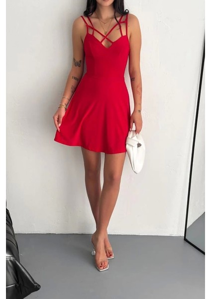 Ince Çift Askılı Mini Elbise Kırmızı