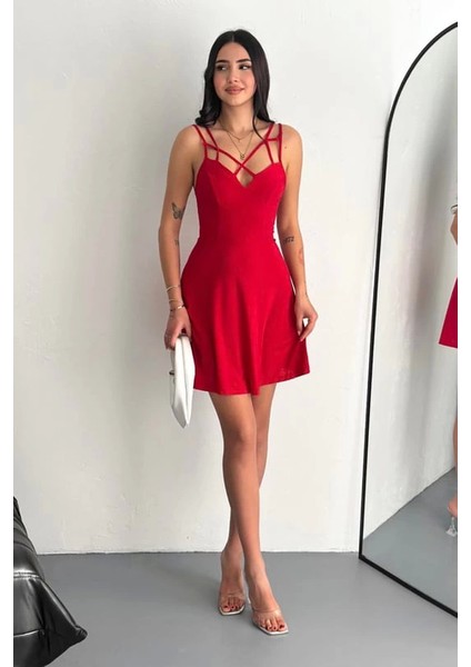Ince Çift Askılı Mini Elbise Kırmızı fiyatları