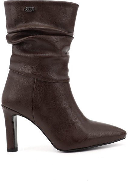 Kadın Kahverengi Sivri Burun Körüklü İnce Topuklu Çizme