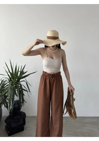 Yüksek Bel Beli Büzgülü Pantolon -Kahverengi