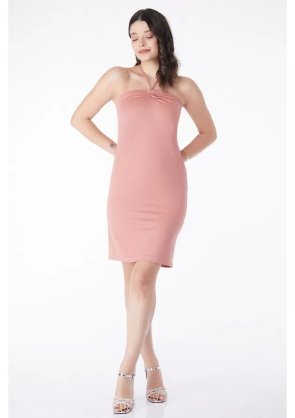 Bağcık Detaylı Pembe Abiye Elbise