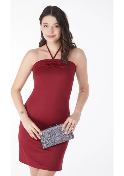 Bağcık Detaylı Bordo Abiye Elbise