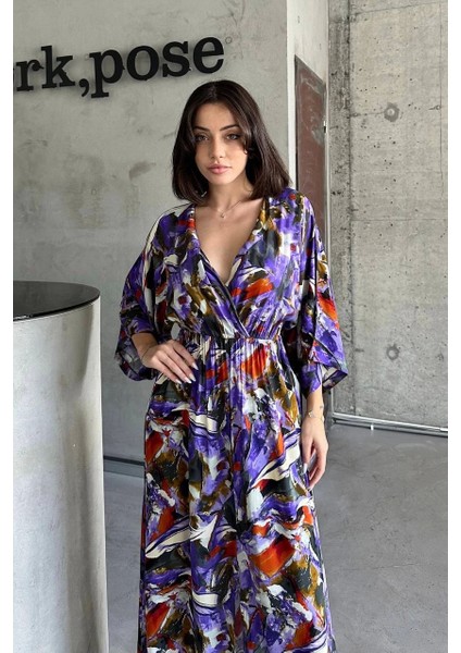 Dokuma Baskılı Yarasa Kol Elbise Mor fiyatları