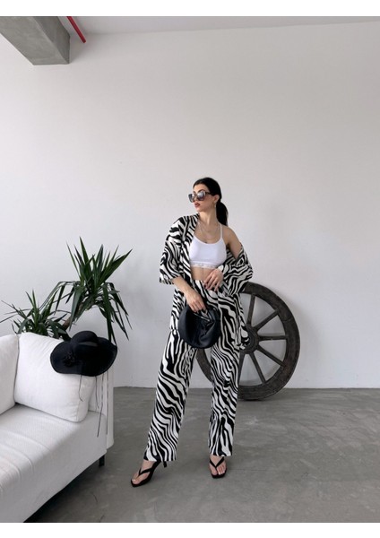 Desenli Kimono &amp; Pantolon Ikili Takım - Siyah/beyaz-Zebra modelleri