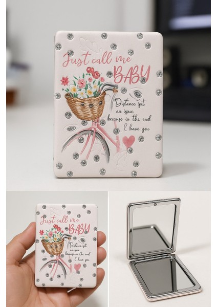 Çiçekli Bisiklet Tasarımlı Simli Büyüteçli Pratik Mini Cep Çanta Makyaj Aynası