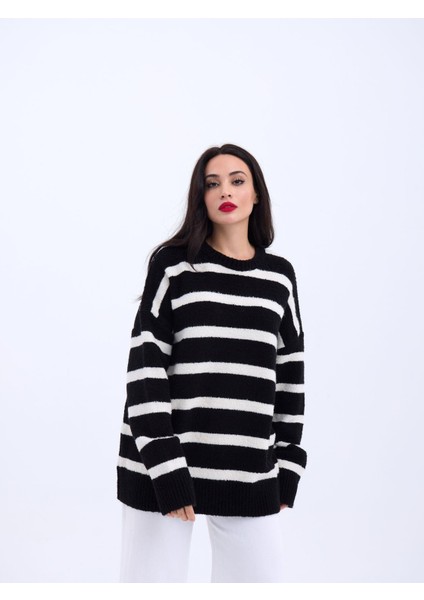 Infivento 43111 Triko Çizgili Salaş Kazak-Siyah-Ekru