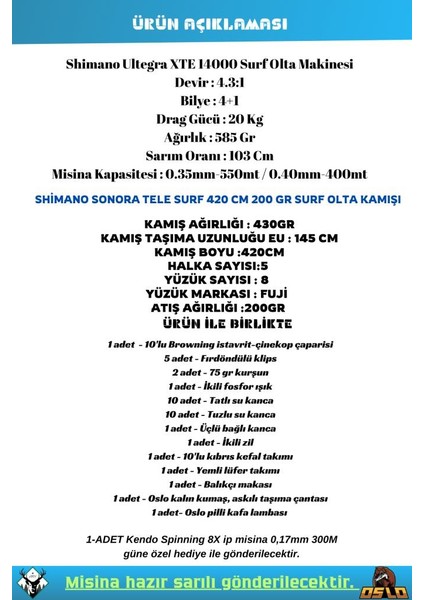 Sonora Ax 420CM 200GR Shimano Ultegra 14000 Xte Profesyonel Surf Olta Seti fiyatları