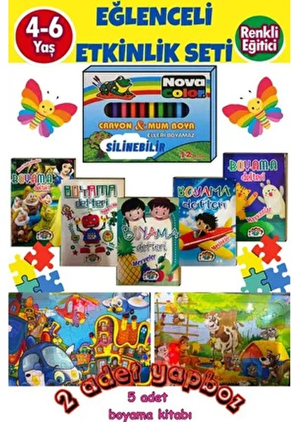4-6 Yaş Çocuklar Için Eğlenceli Etkinlik Seti(Mum Boya 5 Adet Boyama Kitabı. 2 Puzzle)