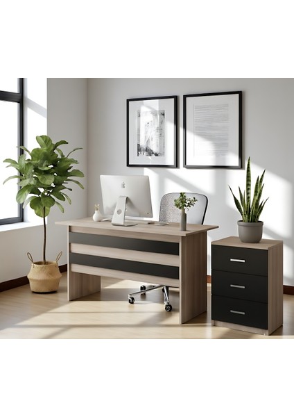 Verona Ofis Çalışma Masası ve 3 Çekmeceli Keson Takım Set Meşe-Siyah