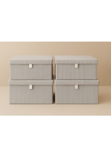 4'lü Mega Boy Kutu Hurç, Organizer Kutusu, Çok Amaçlı Saklama Kutusu, Gri Çizgili Desen 60X40X30 cm