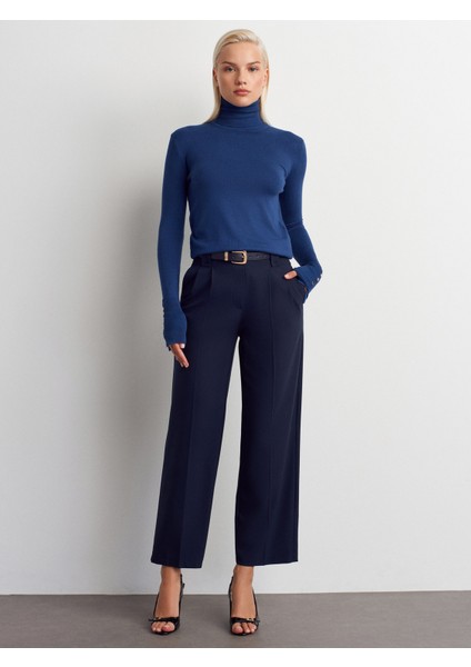 72178 Kemerli Cep Kapaklı Yüksek Bel Pantolon-Lacivert