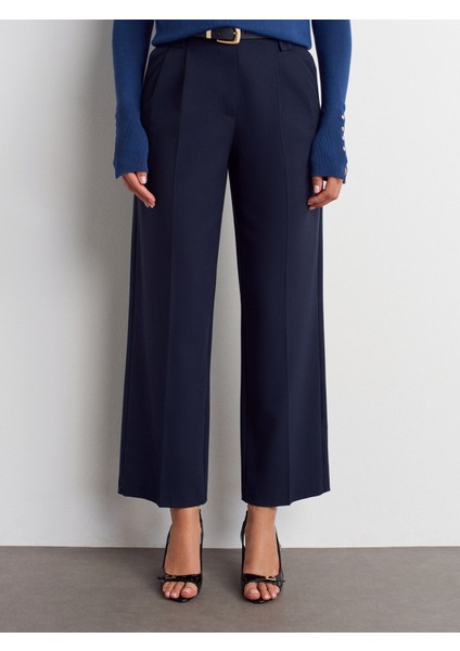72178 Kemerli Cep Kapaklı Yüksek Bel Pantolon-Lacivert indirimleri