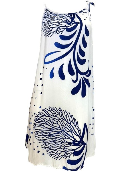 5091E Otantik Baskılı %100 Pamuk Ip Askılı Elbise