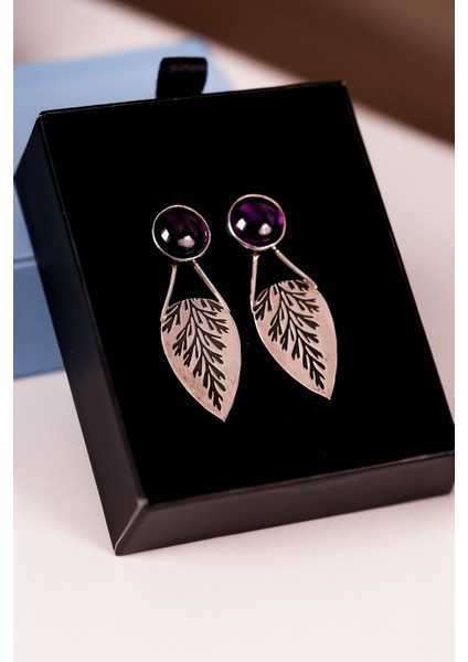 925 Ayar Ametist Doğal Taşlı Yaprak Doku Işlemeli Gümüş Küpe, El Yapımı Sade ve Çakra Şifa Küpe fiyatları