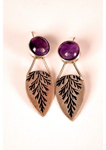 925 Ayar Ametist Doğal Taşlı Yaprak Doku Işlemeli Gümüş Küpe, El Yapımı Sade ve Çakra Şifa Küpe modelleri