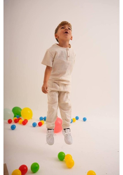 Erkek Çocuk Keten Kumaş Oversize Orijinal Kalıp Alt Üst Takım (3-10 Yaş) indirimleri