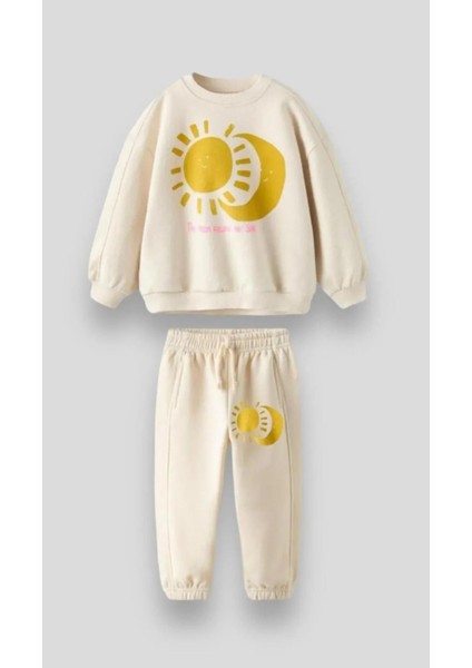 Erkek Çoucuk Ekru Güneş Ay Pamuklu 3 Iplik Fırçalı Kumaş Alt Üst Eşofman Takımı