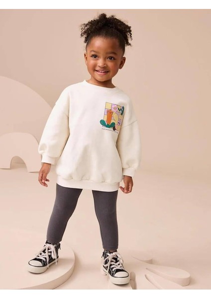 Kız Çocuk Pamuklu Beyaz Renkli Sırt Baskılı Sweatshirt Tayt Alt-Üst Takım