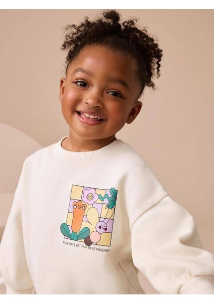 Kız Çocuk Pamuklu Beyaz Renkli Sırt Baskılı Sweatshirt Tayt Alt-Üst Takım modelleri