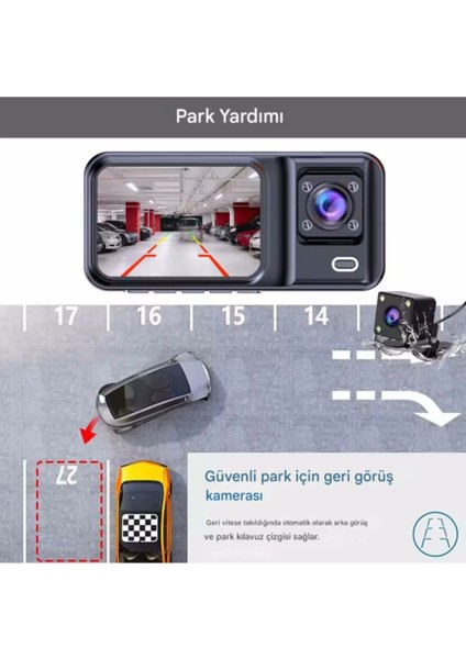 A-98 Wifi Full Hd 3 Kameralı Araç Içi Güvenlik Kamerası + Park Modu Kablosu Ön-Arka-Iç Kayıt,dashcam