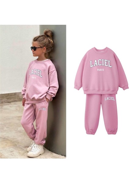 Kız Çocuk Laciel Paris Pembe 3 Iplik Fitilli Kumaş Alt Üst Eşofman Takımı