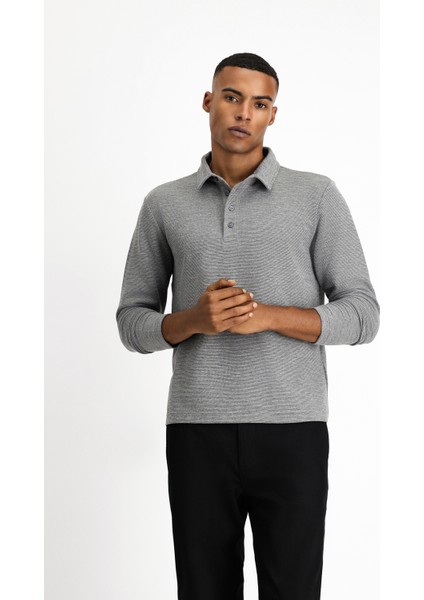 Polo Yaka Slim Fit Dar Kesim Desenli Sweatshirt