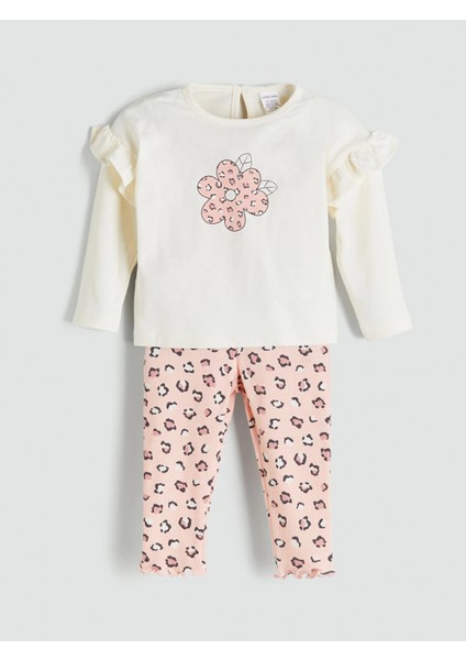 Lcw Baby Ekru Bisiklet Yaka Çiçek Desenli Kız Bebek Bluz ve Tayt 2'li Takım
