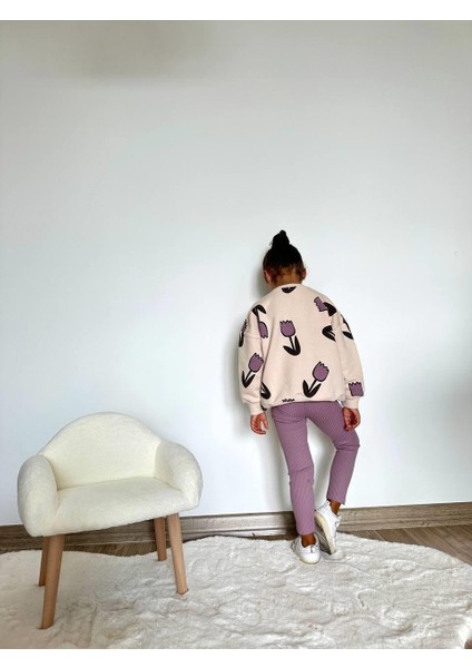 Kız Çocuk 3 Iplik Pamuklu Kumaş Lale Desenli Sweatshirt ve Fitillitayt Alt Üst Takım indirimleri