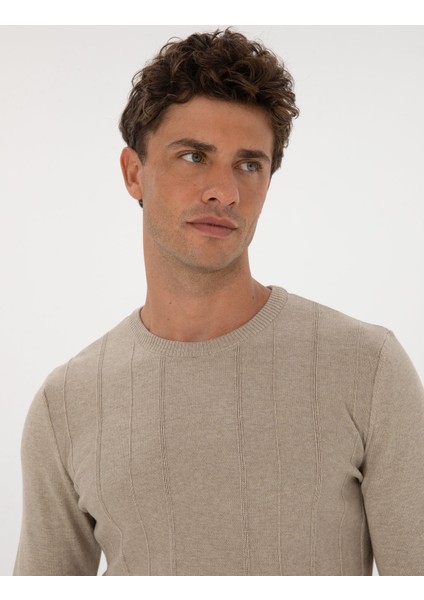 Erkek Kum Melanj Slim Fit Bisiklet Yaka Triko Kazak 50315584-VR123 fiyatları