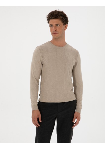 Erkek Kum Melanj Slim Fit Bisiklet Yaka Triko Kazak 50315584-VR123 modelleri