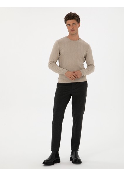 Erkek Kum Melanj Slim Fit Bisiklet Yaka Triko Kazak 50315584-VR123 fırsatları